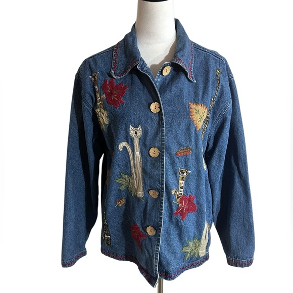 New Directions Denim Jacket with Cat and Leaf Embroidery - Picture 2 of 11